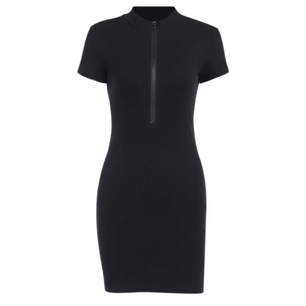 Summer Women Sexy Vestidos Solid Color Mock Neck Short Sleeve - Empire P.E