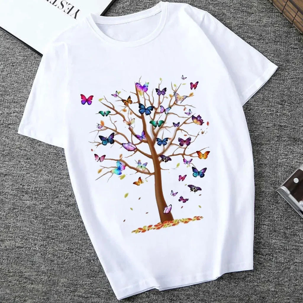 Woman Butterfly Tree Print T-Shirt - Empire P.E