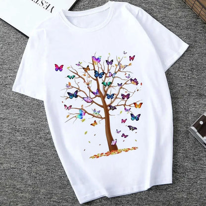 Woman Butterfly Tree Print T-Shirt - Empire P.E