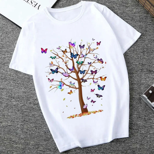 Woman Butterfly Tree Print T-Shirt - Empire P.E