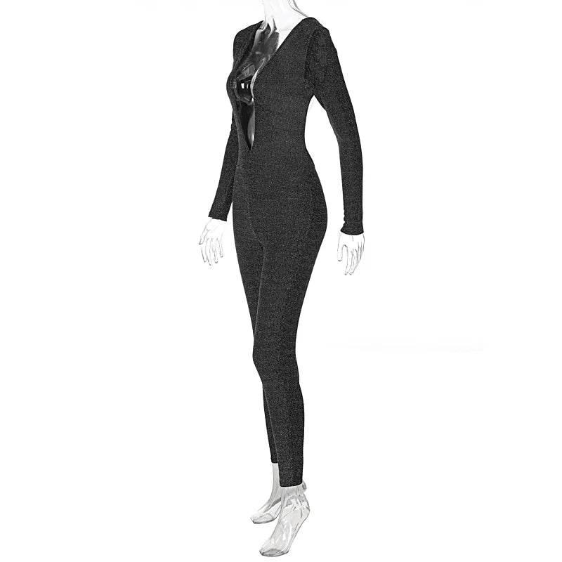 Hugcitar Bling Glitter Women Deep V Neck Backless Skinny Jumpsuit 2022 New Bodycon Sexy Streetwear Party Club Elegant Shine - Empire P.E
