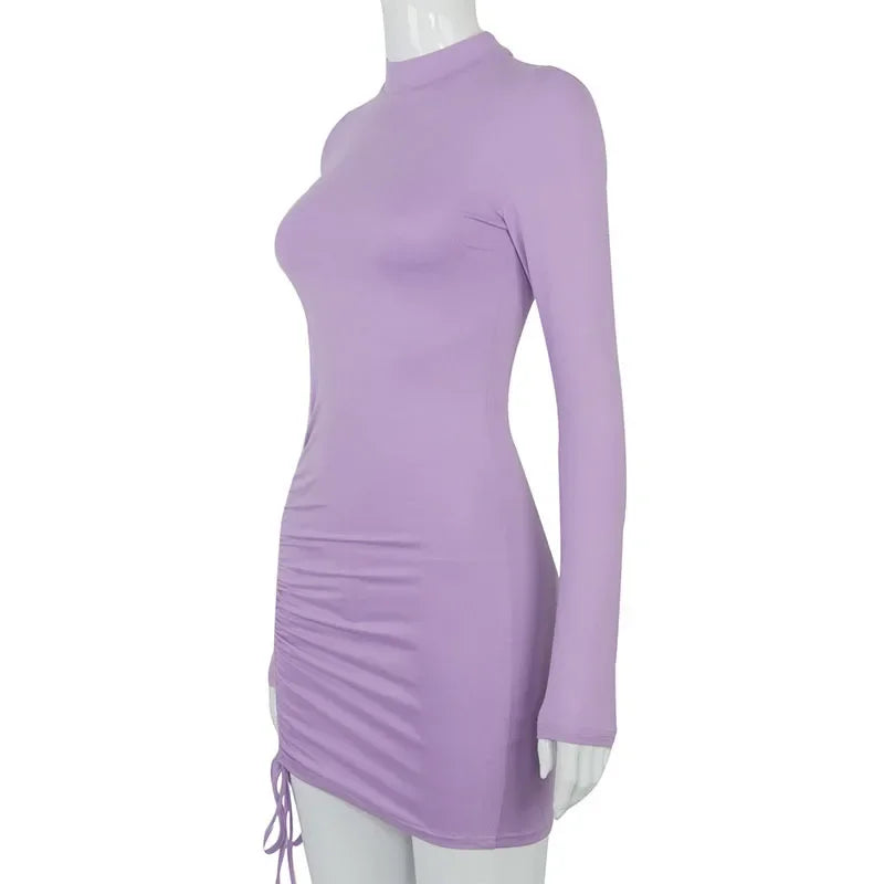 Long Sleeve Ruched Bodycon Dress Women Turtleneck Bandage Mini Dresses Autumn Black Skinny Stretchy Party Vestidos - Empire P.E