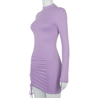 Long Sleeve Ruched Bodycon Dress Women Turtleneck Bandage Mini Dresses Autumn Black Skinny Stretchy Party Vestidos - Empire P.E