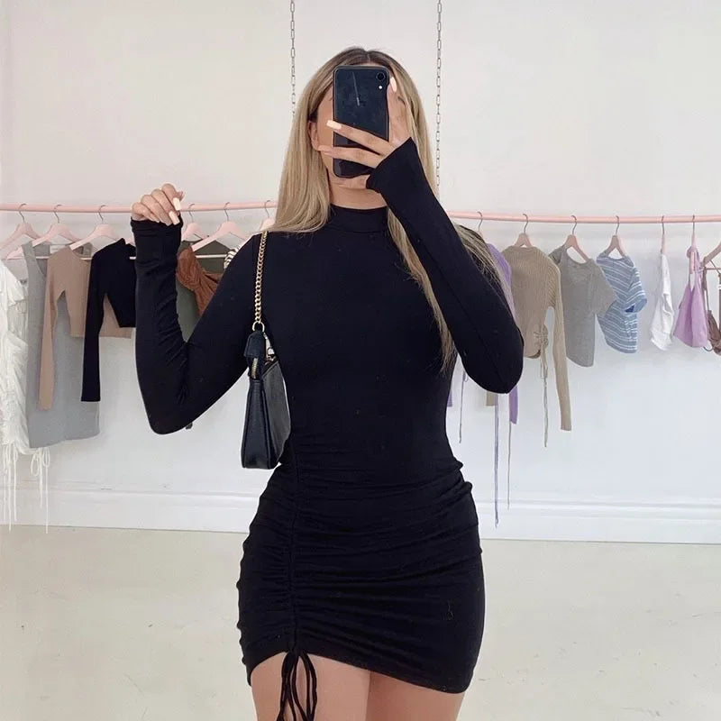 Long Sleeve Ruched Bodycon Dress Women Turtleneck Bandage Mini Dresses Autumn Black Skinny Stretchy Party Vestidos - Empire P.E