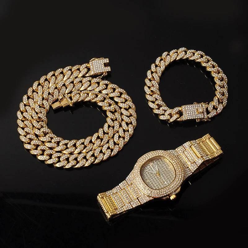 Necklace +Watch+Bracelet Hip Hop Miami Curb Cuban Chain Silver Color Full Iced Out Paved Rhinestones CZ Bling For Men Jewelry - Empire P.E