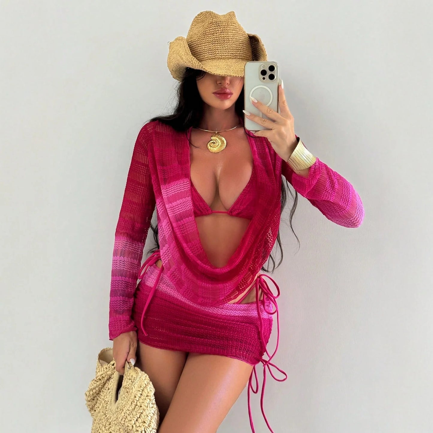 Women's 2026 Tie-dye Print Beach Dress Sexy Bikini 4 Piece Set