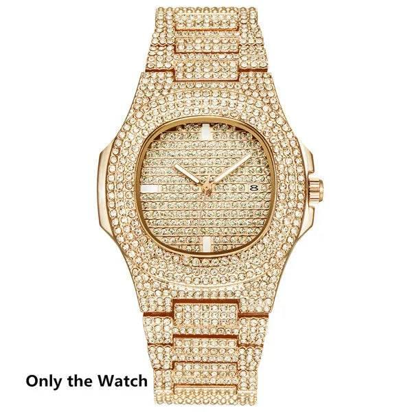 Necklace +Watch+Bracelet Hip Hop Miami Curb Cuban Chain Silver Color Full Iced Out Paved Rhinestones CZ Bling For Men Jewelry - Empire P.E