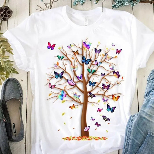 Woman Butterfly Tree Print T-Shirt - Empire P.E