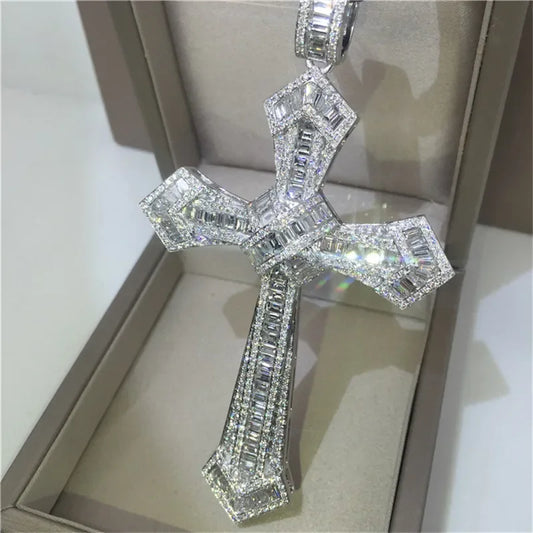 14K Gold Long Diamond Cross Pendant & 925 Sterling Silver - Empire P.E
