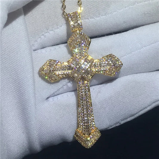 14K Gold Long Diamond Cross Pendant & 925 Sterling Silver - Empire P.E