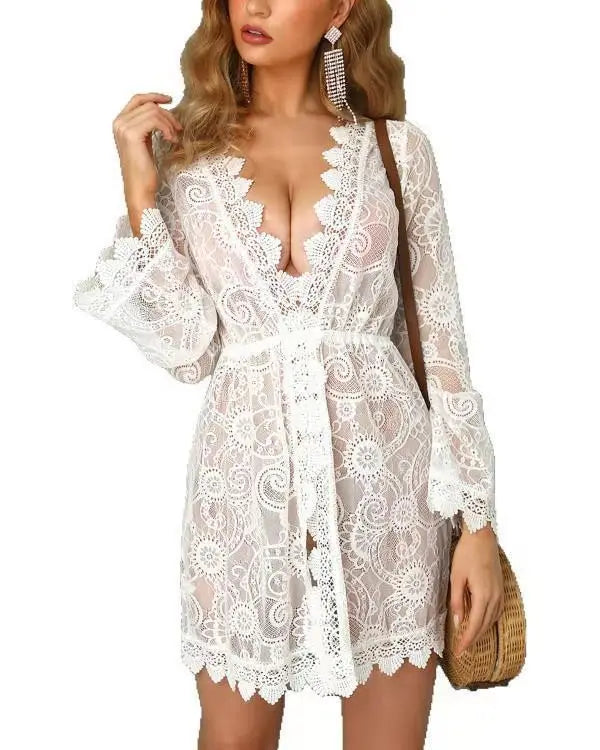Women Floral Sheer Lace Bikini Cover-Ups Summer Beach Dress