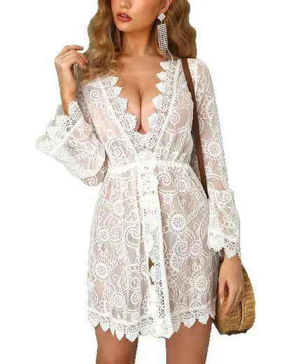 Women Floral Sheer Lace Bikini Cover-Ups Summer Beach Dress