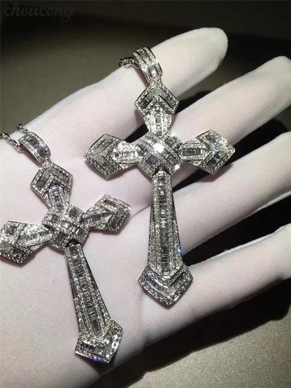 14K Gold Long Diamond Cross Pendant & 925 Sterling Silver - Empire P.E