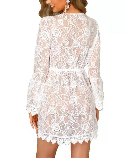 Women Floral Sheer Lace Bikini Cover-Ups Summer Beach Dress
