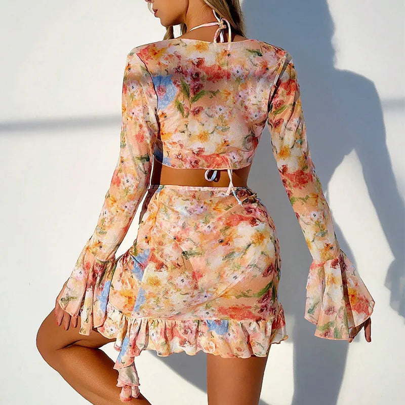 2026 New European and American Printed Trendy Beach Dress Four-piece Bikini Set