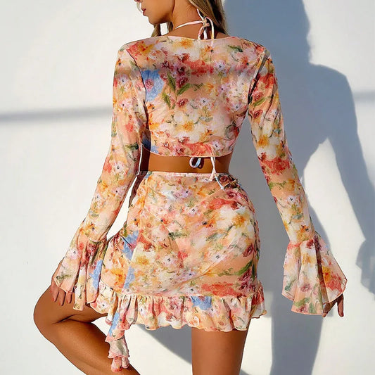 2026 New European and American Printed Trendy Beach Dress Four-piece Bikini Set
