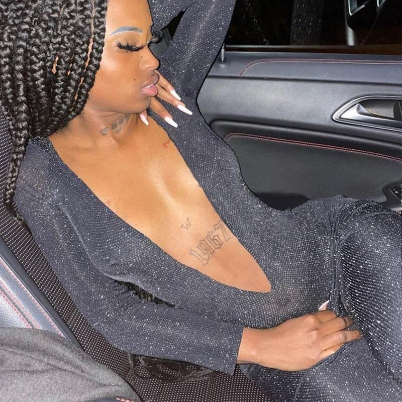 Hugcitar Bling Glitter Women Deep V Neck Backless Skinny Jumpsuit 2022 New Bodycon Sexy Streetwear Party Club Elegant Shine - Empire P.E