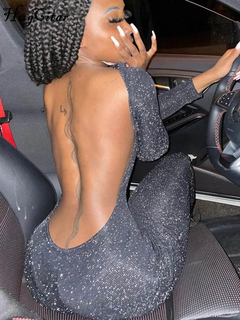 Hugcitar Bling Glitter Women Deep V Neck Backless Skinny Jumpsuit 2022 New Bodycon Sexy Streetwear Party Club Elegant Shine - Empire P.E