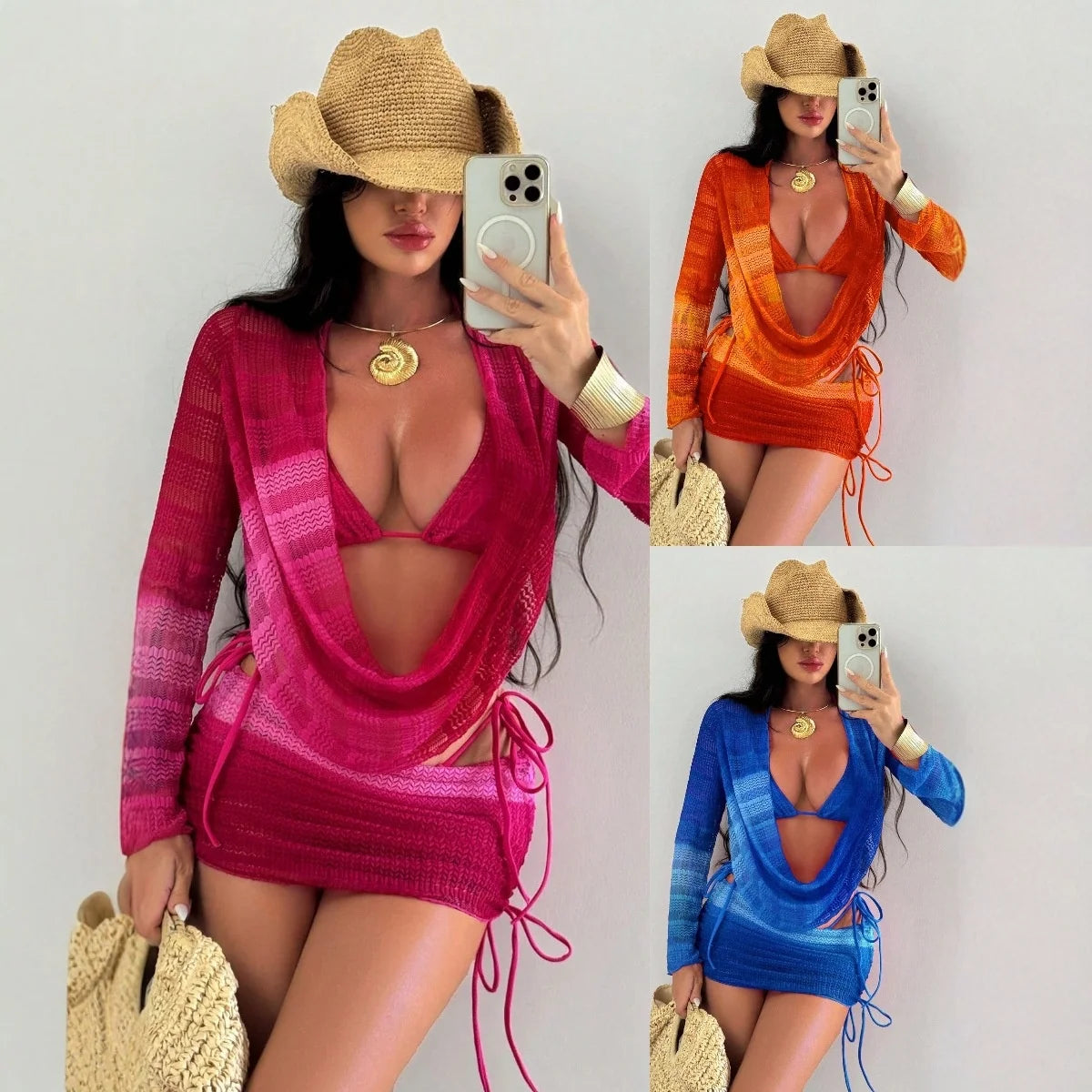 Women's 2026 Tie-dye Print Beach Dress Sexy Bikini 4 Piece Set