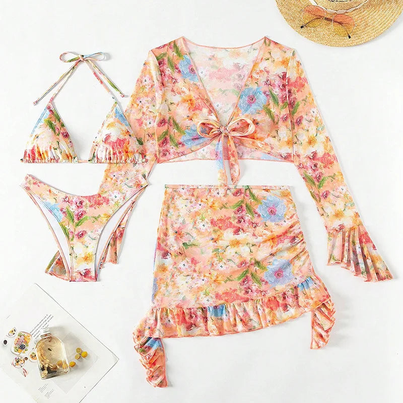 2026 New European and American Printed Trendy Beach Dress Four-piece Bikini Set