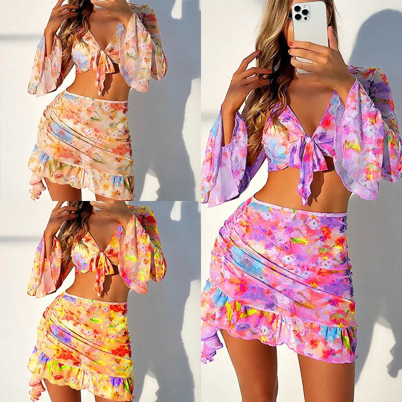2026 New European and American Printed Trendy Beach Dress Four-piece Bikini Set