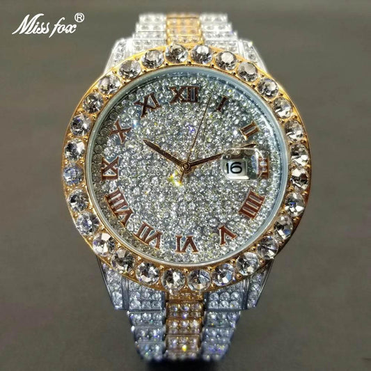 MISSFOX Hip Hop Men Watches Brand Luxury Roman Ice Out Automatic Date Male Wristwatch Full Diamond Waterproof Luminous Watch New - Empire P.E