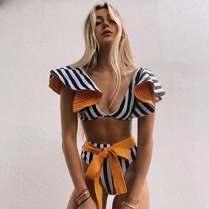 Two-Pieces Women Floral 2025 Push-Up Padded Bra Ruffles Bandage Bikini Set