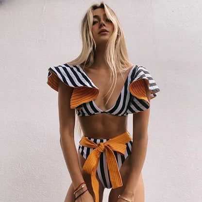 Two-Pieces Women Floral 2025 Push-Up Padded Bra Ruffles Bandage Bikini Set