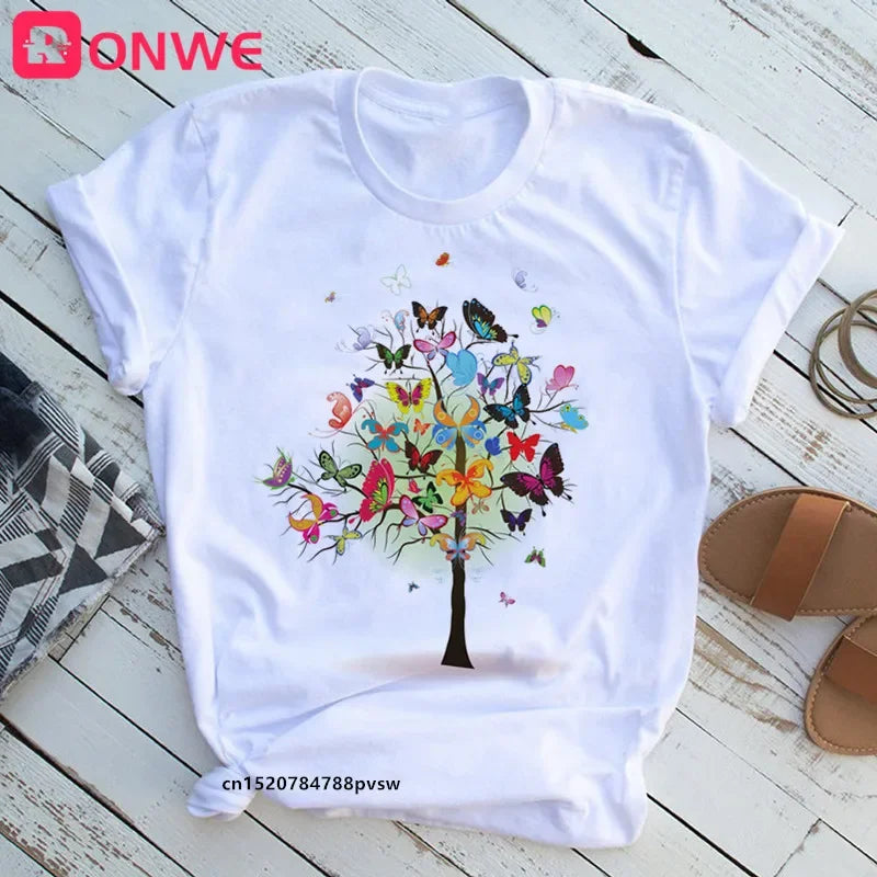 Woman Butterfly Tree Print T-Shirt - Empire P.E
