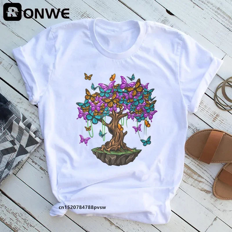 Woman Butterfly Tree Print T-Shirt - Empire P.E