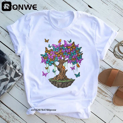 Woman Butterfly Tree Print T-Shirt - Empire P.E