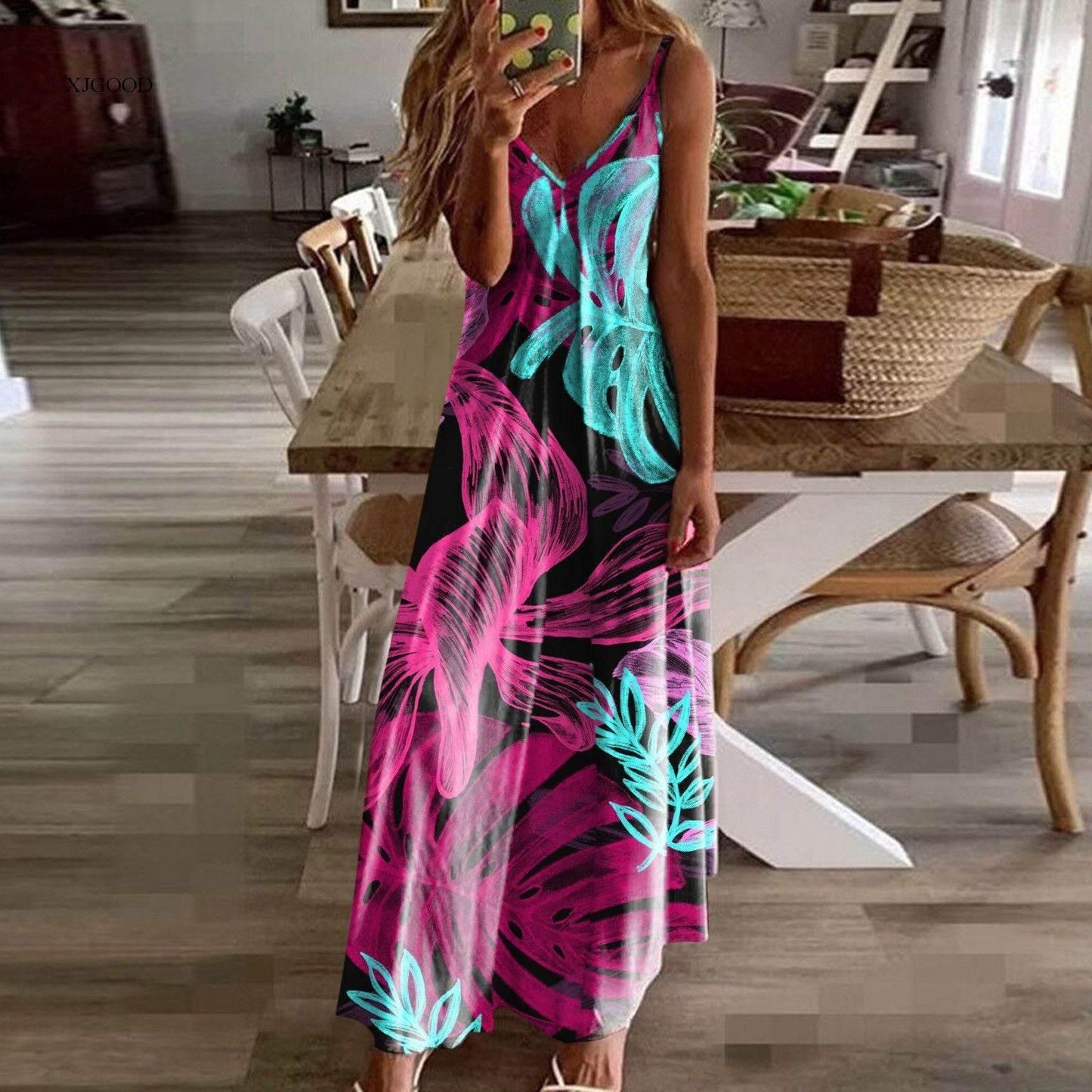 Casual V-neck Strap Dress Flower Print - Empire P.E