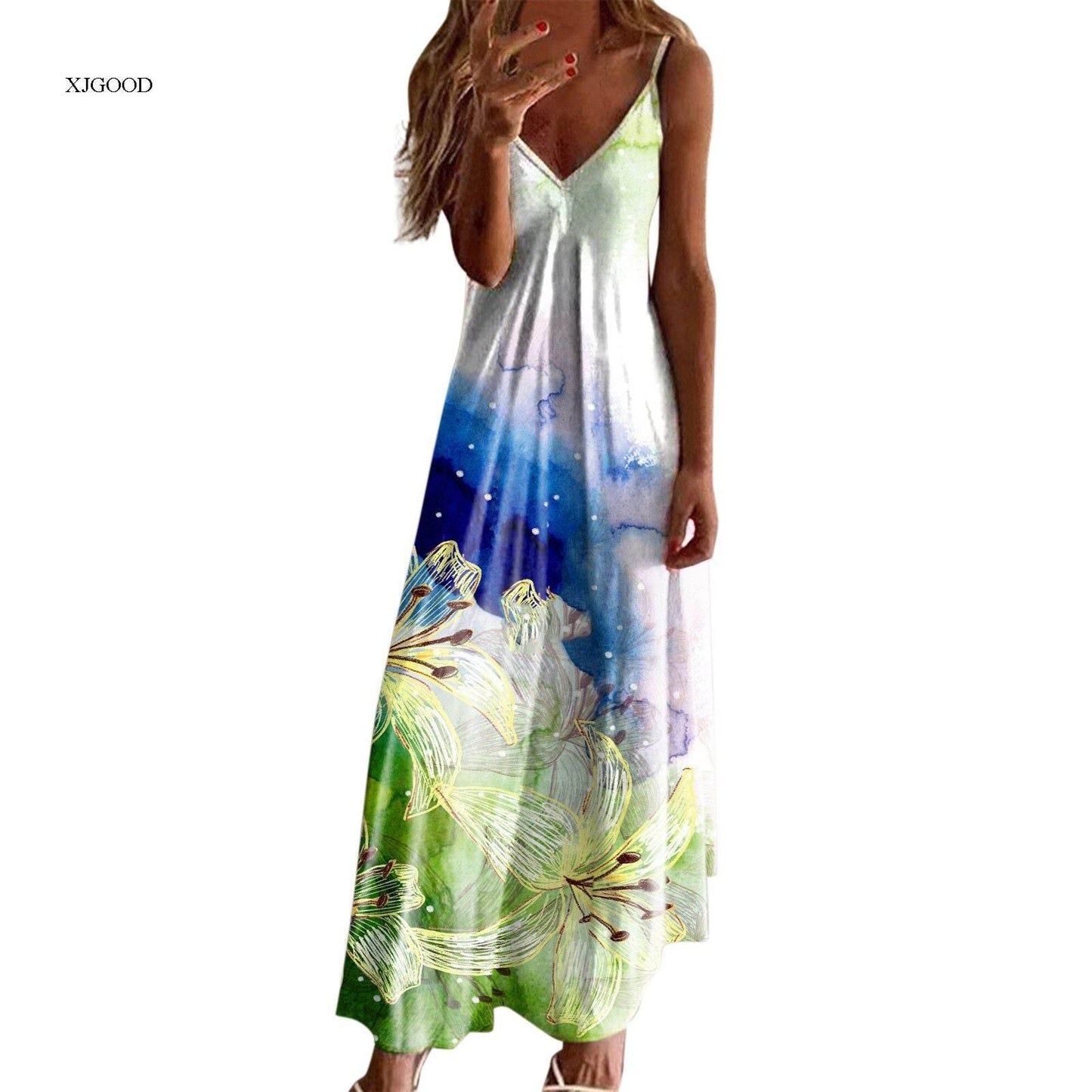 Casual V-neck Strap Dress Flower Print - Empire P.E