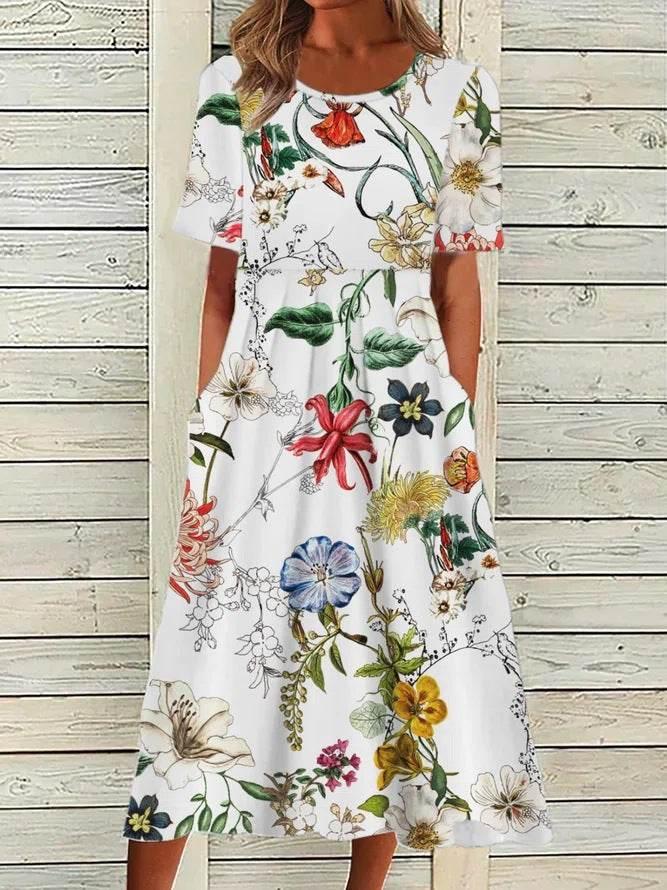 2024 women's fashion loose floral print round neck short sleeve pocket dress - Empire P.E