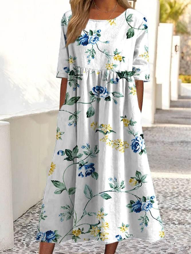 2024 women's fashion loose floral print round neck short sleeve pocket dress - Empire P.E