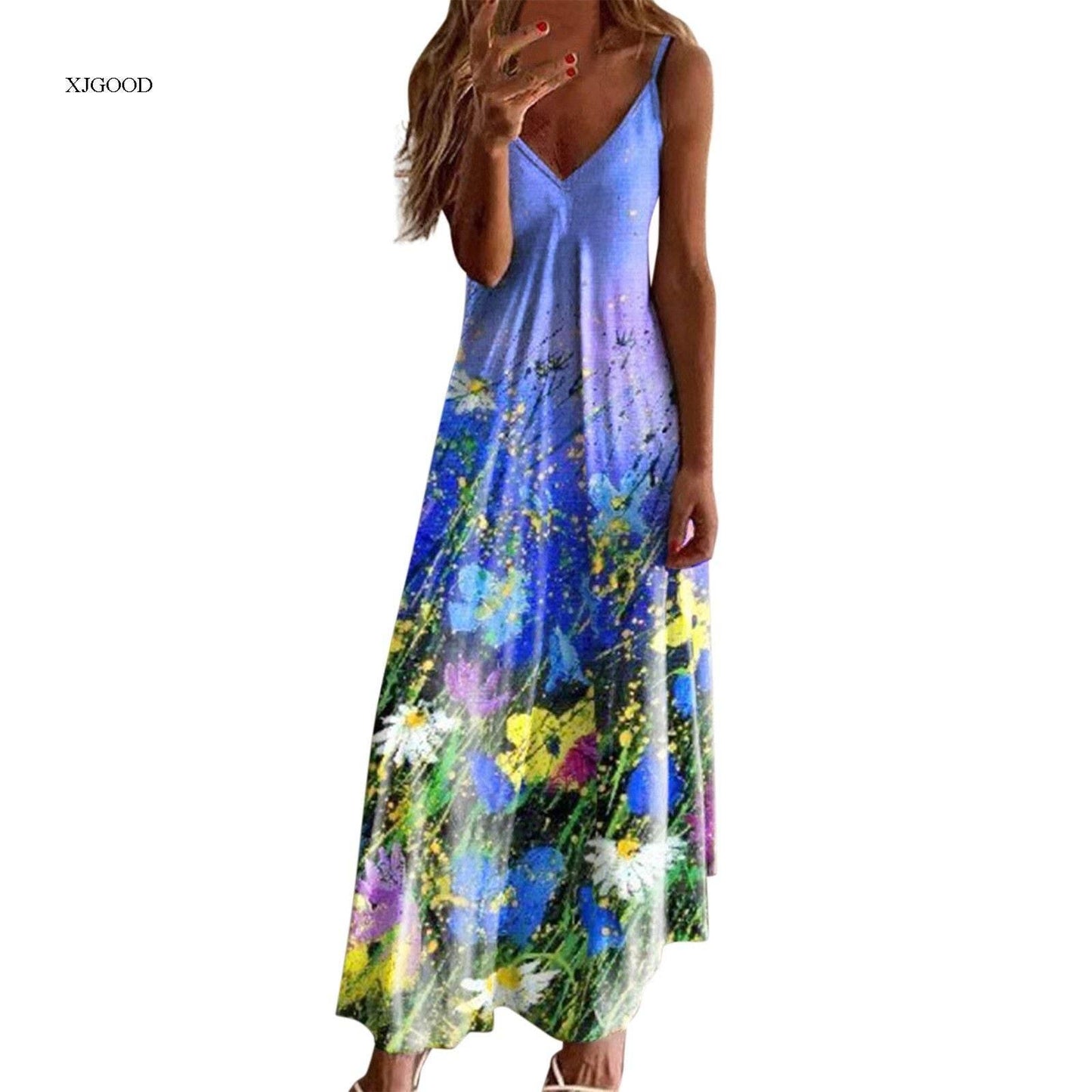 Casual V-neck Strap Dress Flower Print - Empire P.E