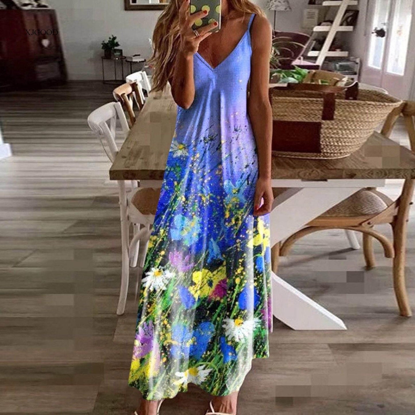 Casual V-neck Strap Dress Flower Print - Empire P.E