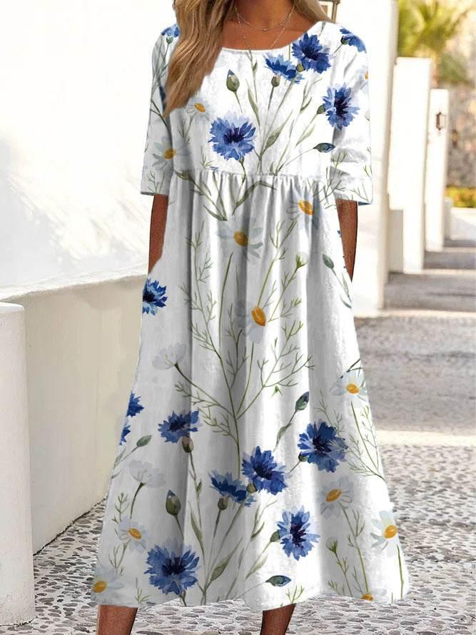 2024 women's fashion loose floral print round neck short sleeve pocket dress - Empire P.E
