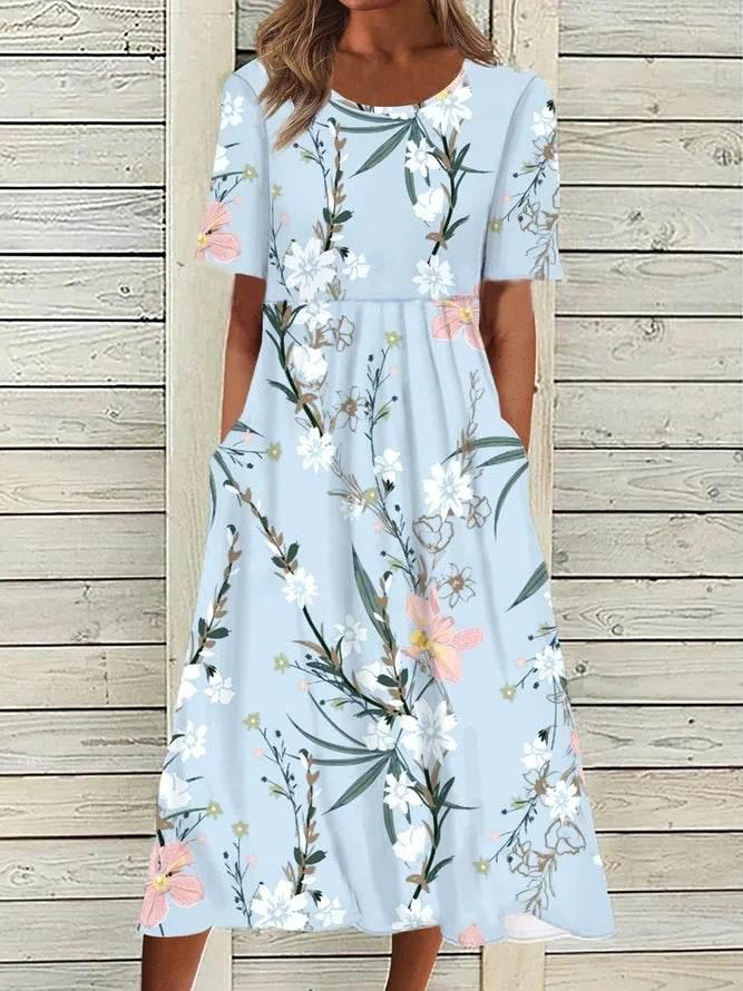 2024 women's fashion loose floral print round neck short sleeve pocket dress - Empire P.E