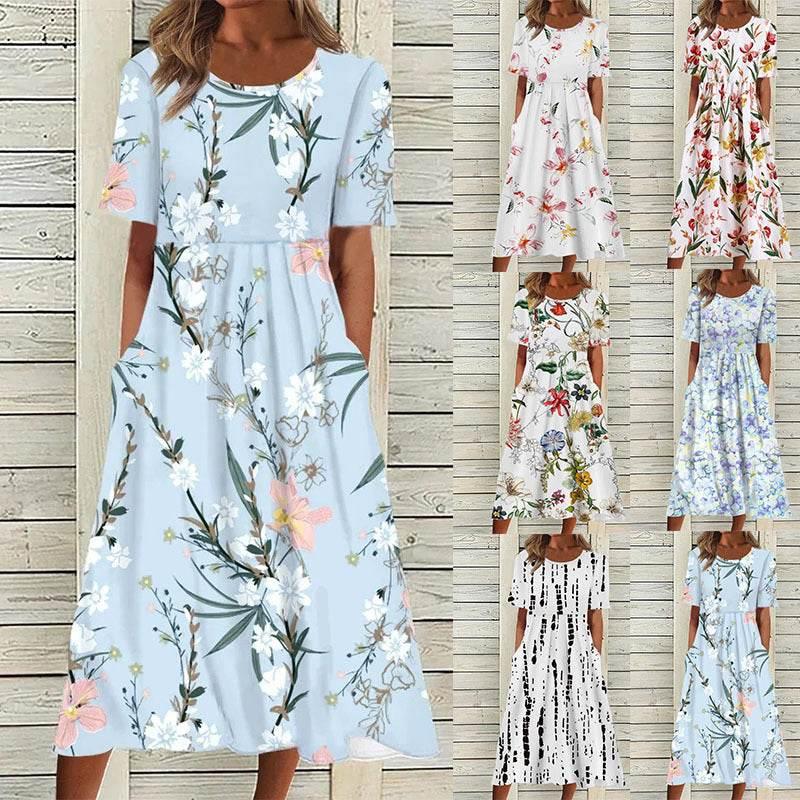 2024 women's fashion loose floral print round neck short sleeve pocket dress - Empire P.E
