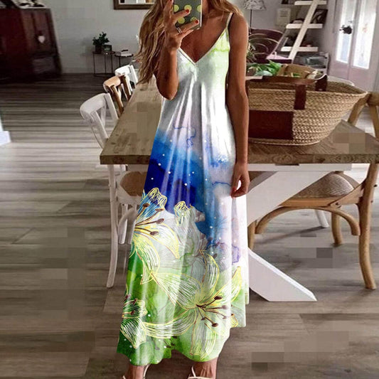 Casual V-neck Strap Dress Flower Print - Empire P.E