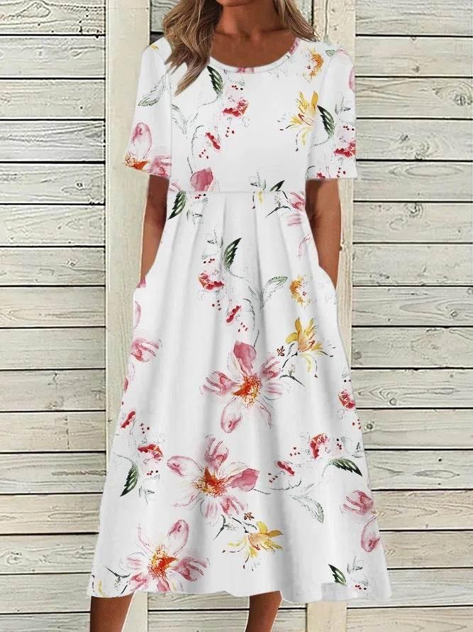 2024 women's fashion loose floral print round neck short sleeve pocket dress - Empire P.E
