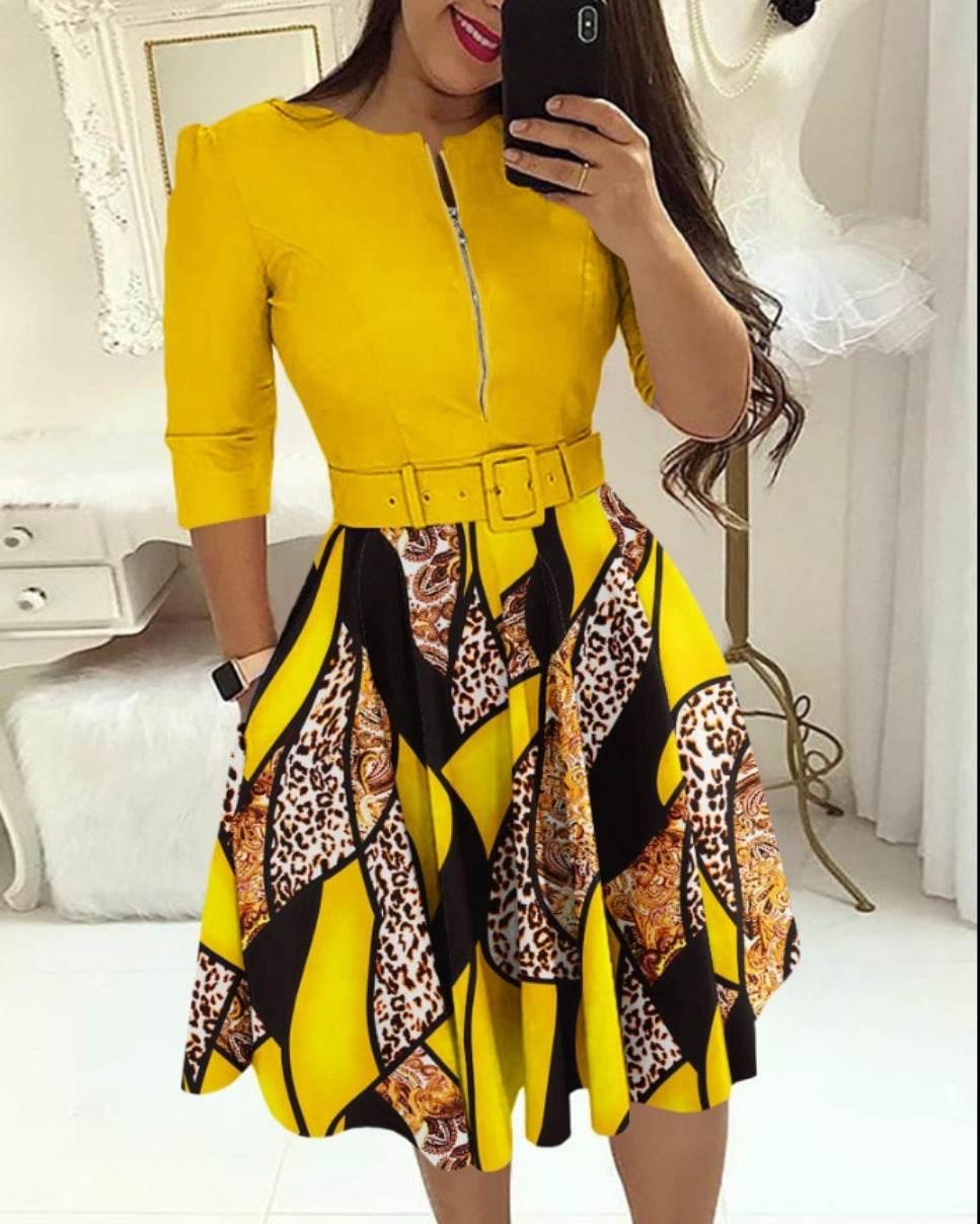 Dress for Women Streetwear 2023 Autumn and Winter Elegant Waist Wrapped Mid Long Sleeve Solid V-Neck Fashion Dresses with Belt - Empire P.E