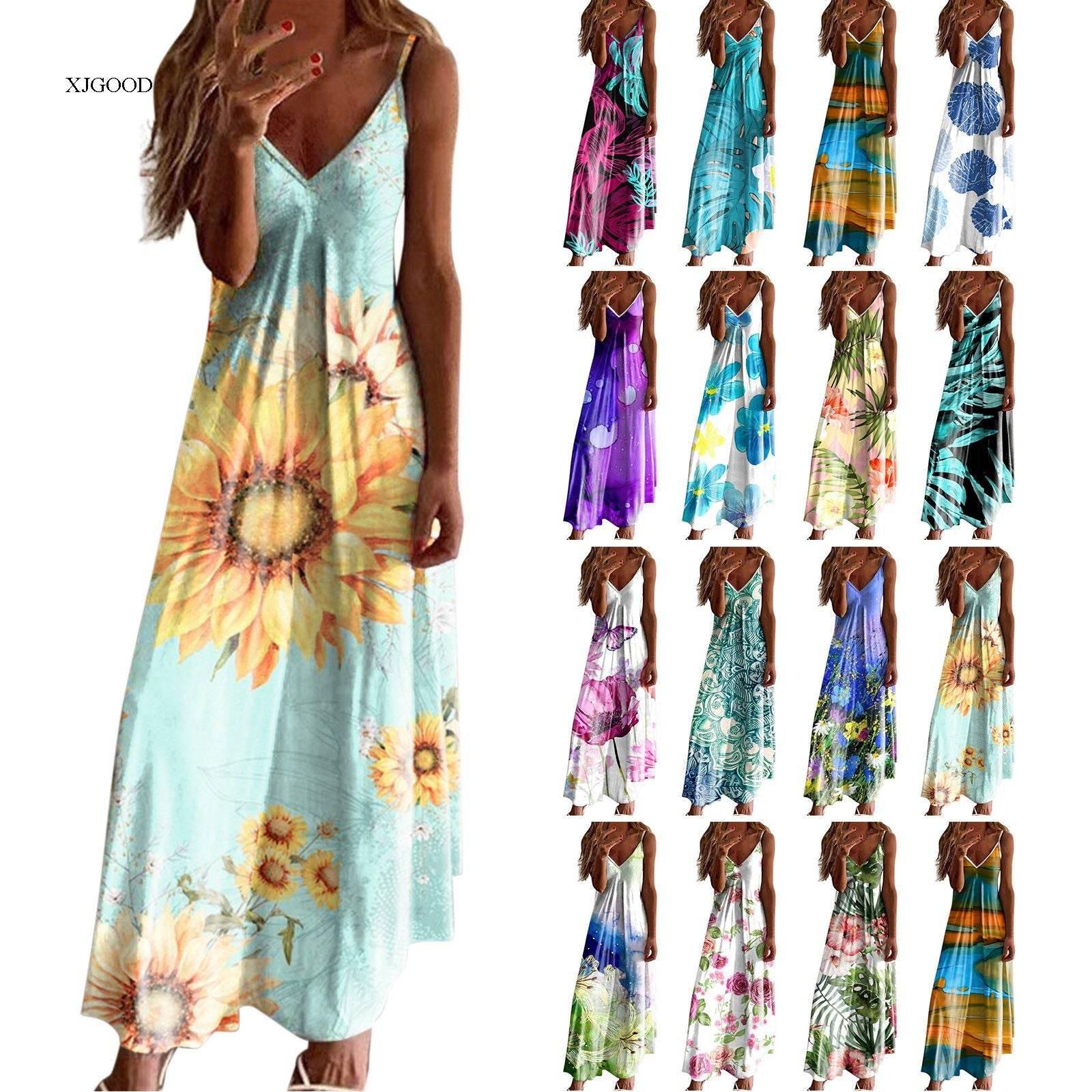Casual V-neck Strap Dress Flower Print - Empire P.E