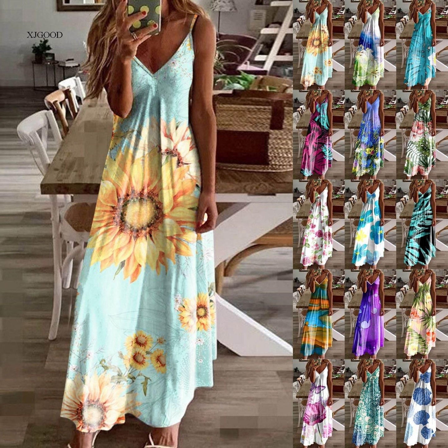 Casual V-neck Strap Dress Flower Print - Empire P.E