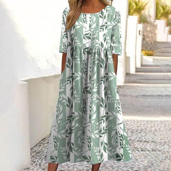 2024 women's fashion loose floral print round neck short sleeve pocket dress - Empire P.E