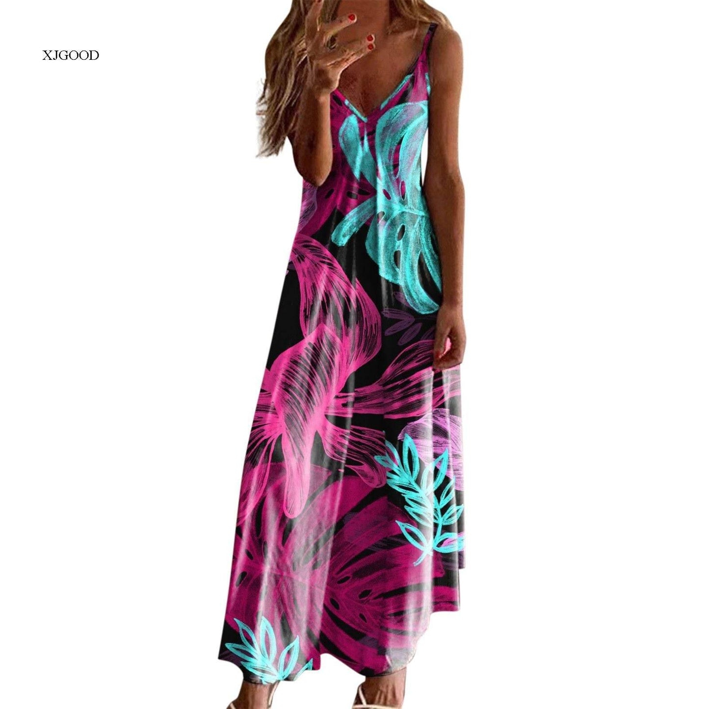 Casual V-neck Strap Dress Flower Print - Empire P.E