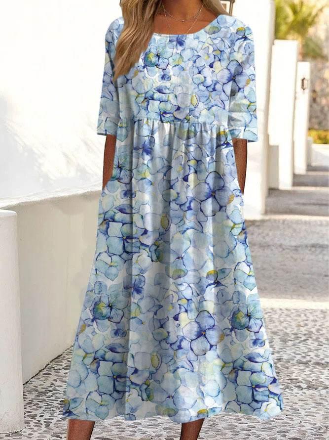 2024 women's fashion loose floral print round neck short sleeve pocket dress - Empire P.E