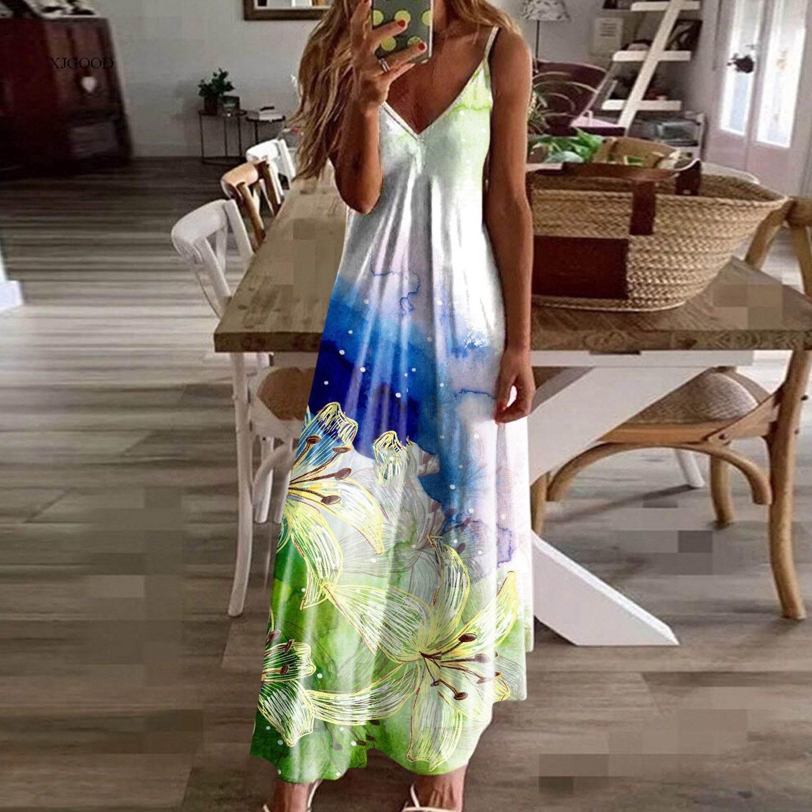 Casual V-neck Strap Dress Flower Print - Empire P.E
