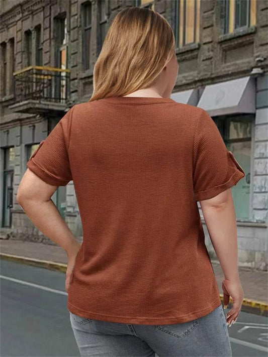 plus sizebutton decorative t-shirt, casual V-neck short-sleeved t-shirt, women's large clothing - Empire P.E